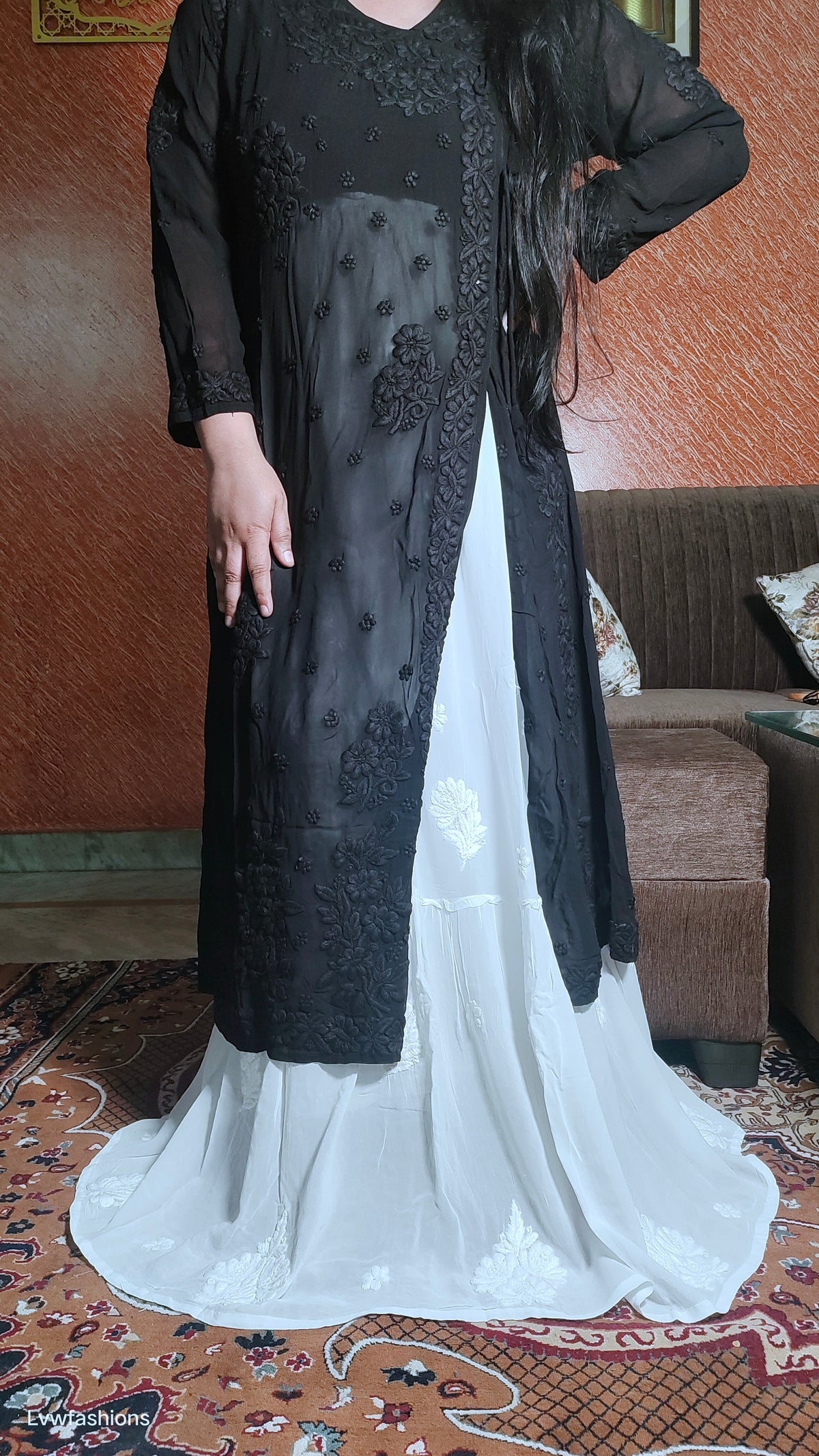 Beautiful premium georgette Chikankari skirt by LVW Fashions featuring intricate traditional Lucknow Chikankari embroidery.