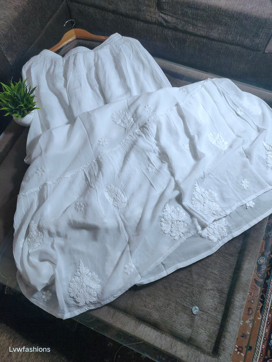 Beautiful premium georgette Chikankari skirt with intricate embroidery, showcasing luxurious craftsmanship by LVW Fashions.