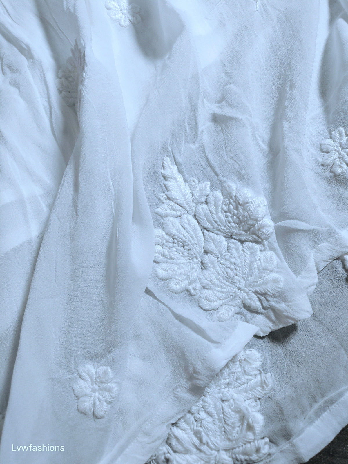 Beautiful premium georgette Chikankari skirt by LVW Fashions featuring intricate handmade Lucknow Chikankari embroidery.