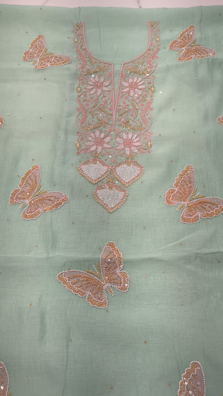Handcrafted Butterfly Premium Chanderi Chikankari and Pearl Kurta with matching Dupatta, traditional Lucknow Chikankari suit by LVW Fashions