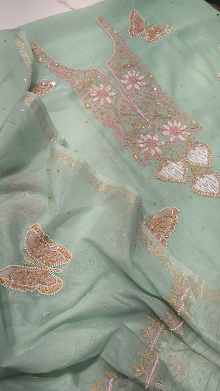 Handcrafted Butterfly Premium Chanderi Chikankari kurta and dupatta with pearl accents, unstitched Lucknow Chikankari suit by LVW Fashions
