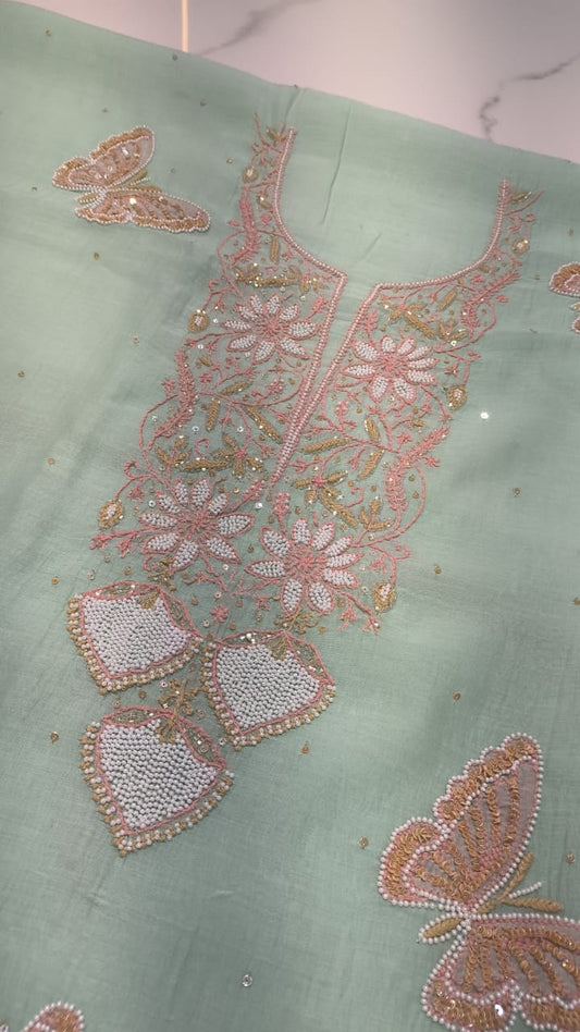 Butterfly Premium Chanderi Chikankari and Pearl handcrafted unstitched suit with matching dupatta, traditional Lucknow Chikankari design.