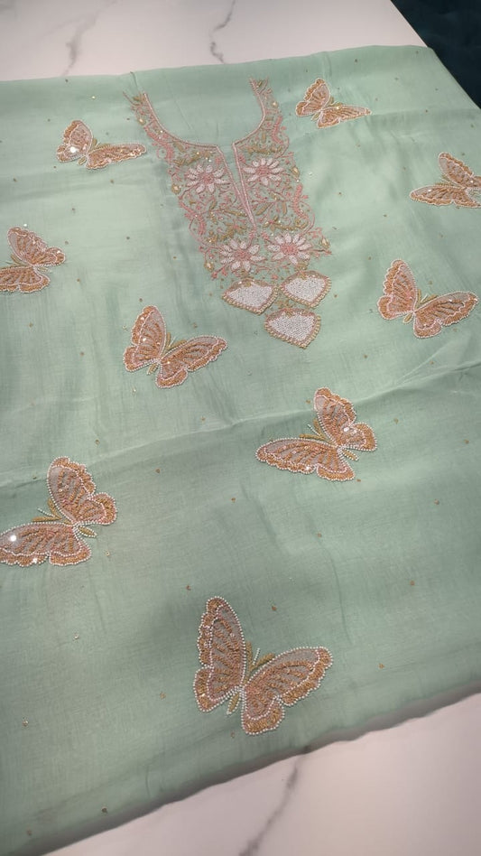 Butterfly Premium Chanderi Chikankari and Pearl handcrafted kurta with matching dupatta, traditional Lucknow Chikankari, unstitched suit.