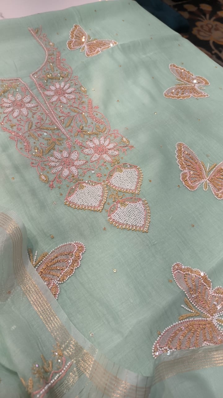 Handcrafted Butterfly Premium Chanderi Chikankari and Pearl Kurta with matching dupatta, unstitched suit from LVW Fashions.