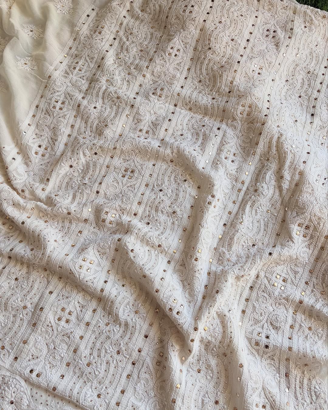 Luxury LVW Fashions Georgette Chikankari Kurta Dupatta set with intricate Kamdani embroidery, unstitched and dyeable for customization.