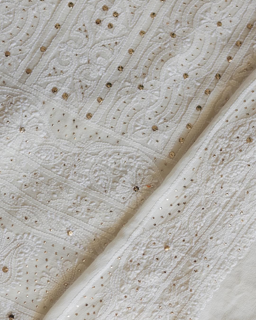 Luxurious LVW Fashions Georgette Chikankari Kurta Dupatta Set with intricate Kamdani embroidery, unstitched and dyeable, handmade in Lucknow.