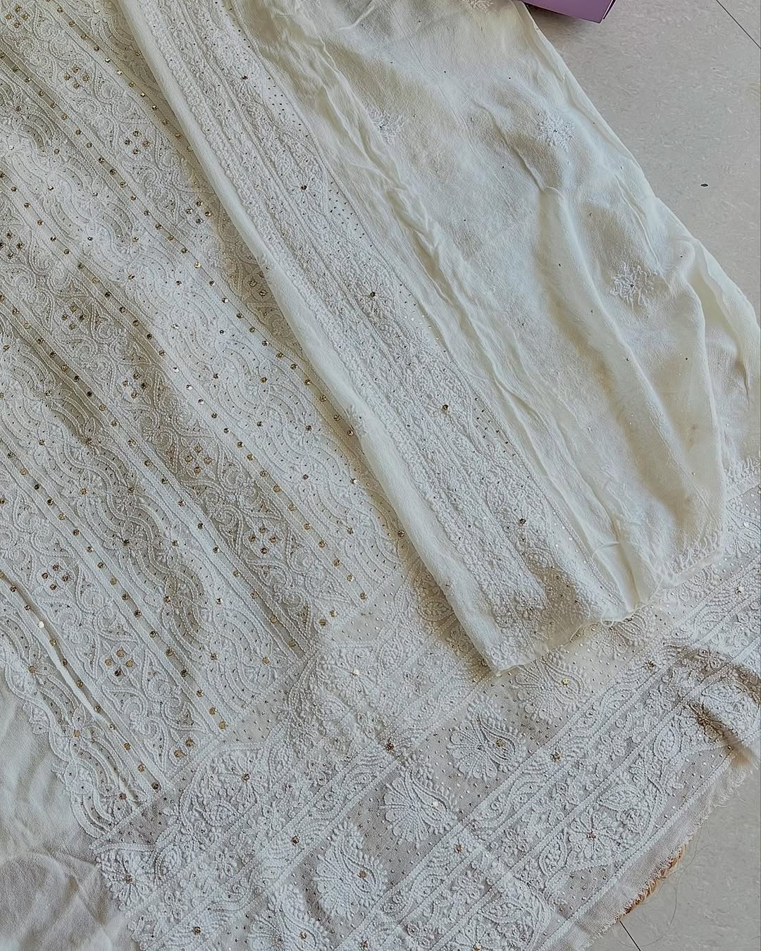 Luxurious Fariha Georgette Chikankari Kurta Dupatta set by LVW Fashions, handmade Lucknow embroidery, unstitched and dyeable.