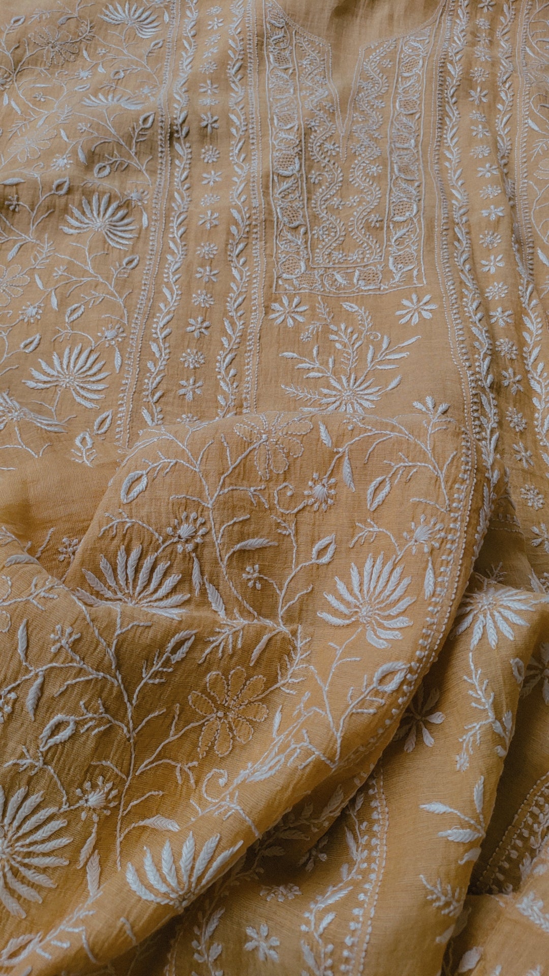 Handmade Lucknow Chikankari Kurta by LVW Fashions featuring intricate embroidery on soft fabric.