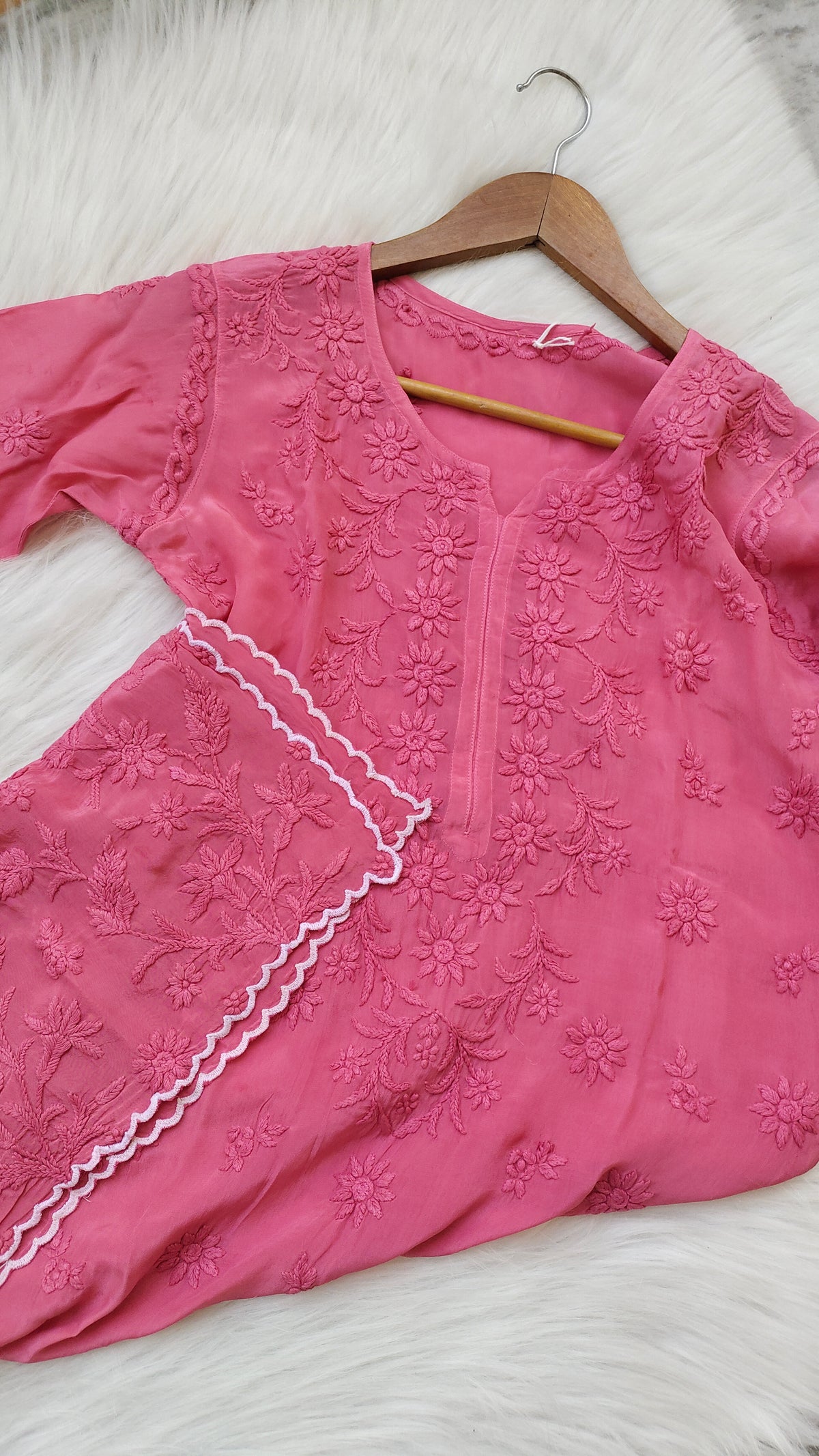 Handmade Lucknow Chikankari kurta by LVW Fashions featuring intricate embroidery and soft fabric, traditional Indian craftsmanship.