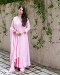 Luxurious pinkish Chikankari Anarkali with dupatta, hand embroidered with Kamdani, semi-stitched, by LVW Fashions, Lucknow Chikankari.