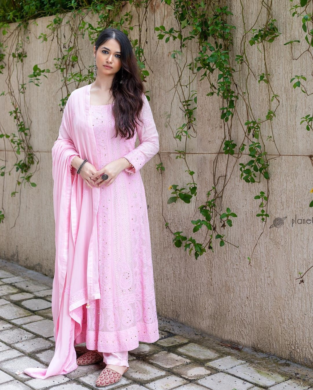 Luxurious pinkish Chikankari Anarkali with dupatta, hand embroidered with Kamdani, semi-stitched, by LVW Fashions, Lucknow Chikankari.