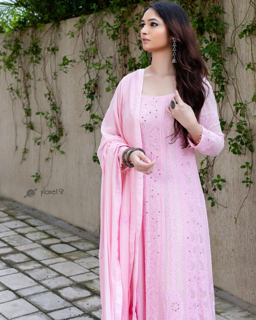 Luxurious pinkish Chikankari Anarkali with all-over hand embroidery and dupatta, semi-stitched by LVW Fashions, Lucknow Chikankari.