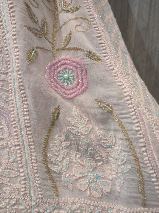 Luxurious handcrafted pure georgette Anarkali kurta with Chikankari, Cutdana, and Zari work from LVW Fashions, Lucknow Chikankari.