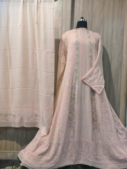 Luxurious pure georgette Anarkali kurta with intricate Chikankari, Cutdana, and Zari work by LVW Fashions, handcrafted in Lucknow.