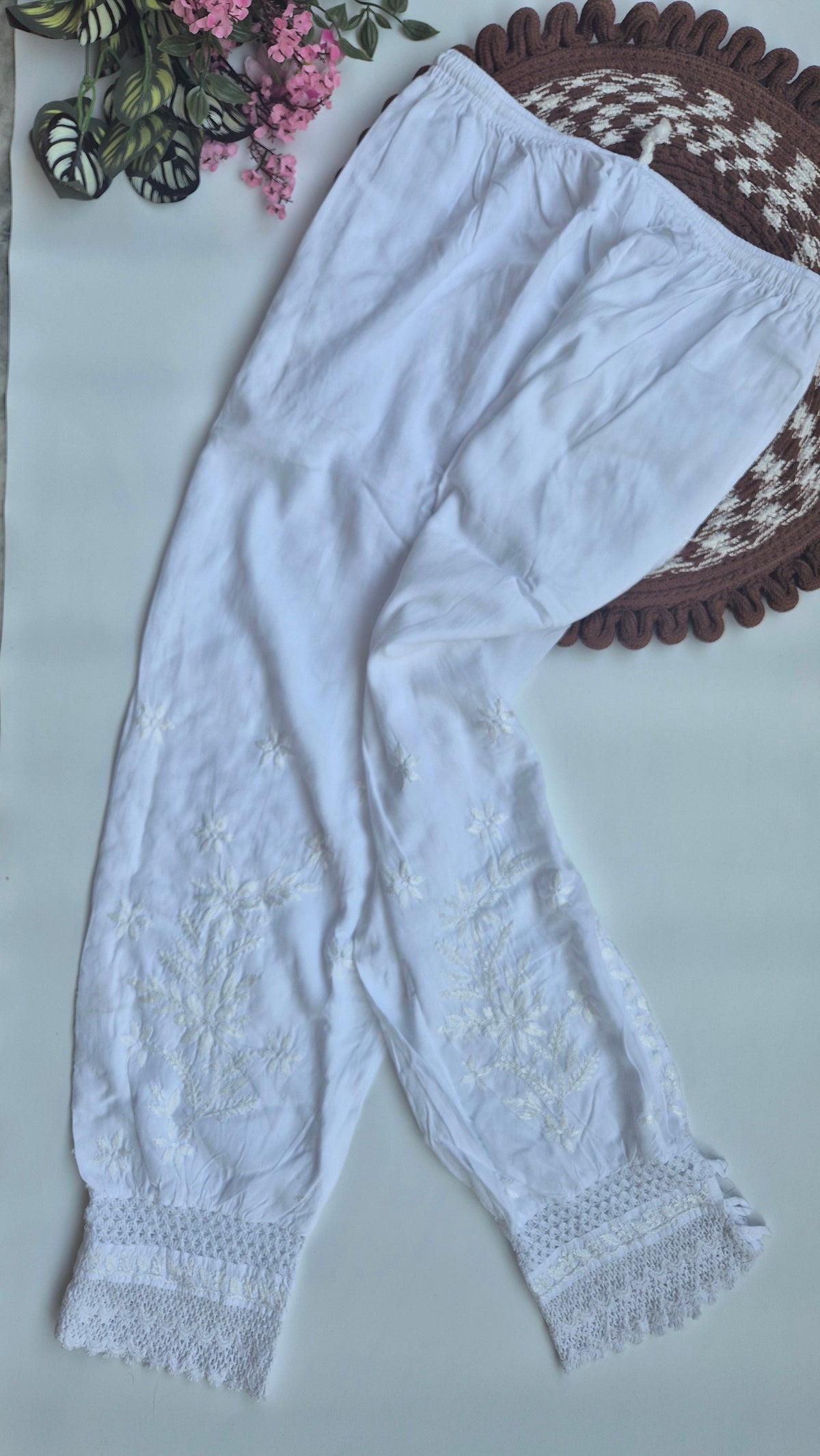 Soft cotton Afgani Chikankari pant by LVW Fashions featuring intricate handmade Lucknow Chikankari embroidery.