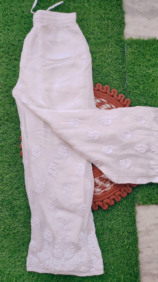 Premium Georgette Chikankari Plazzos from LVW Fashions with inner attached dyeable fabric, showcasing intricate Lucknow Chikankari design.