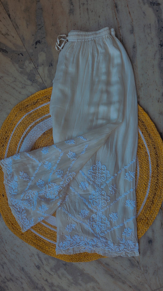Heavy premium georgette Chikankari plazzos by LVW Fashions, featuring intricate handmade Lucknow Chikankari embroidery.