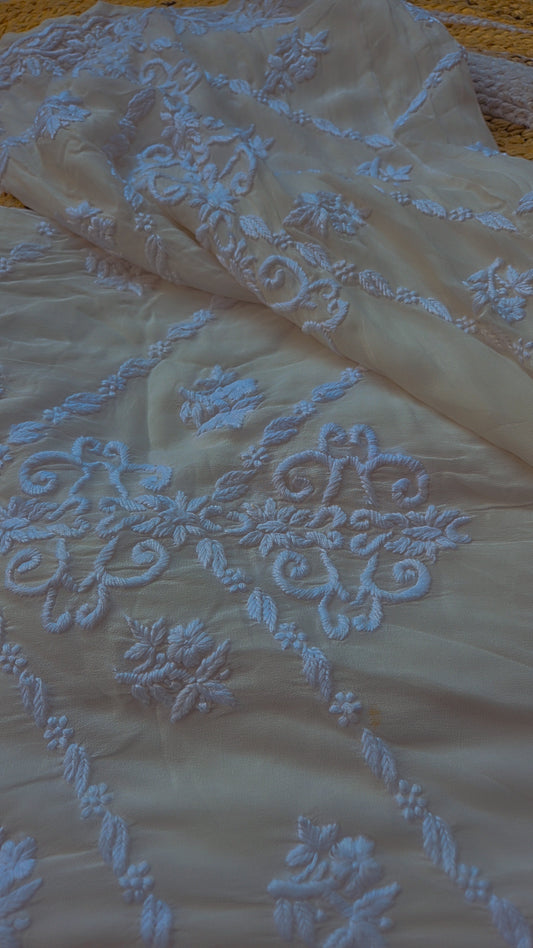 Heavy premium georgette Chikankari plazzos by LVW Fashions showcasing intricate hand-embroidery and traditional Lucknow craftsmanship.