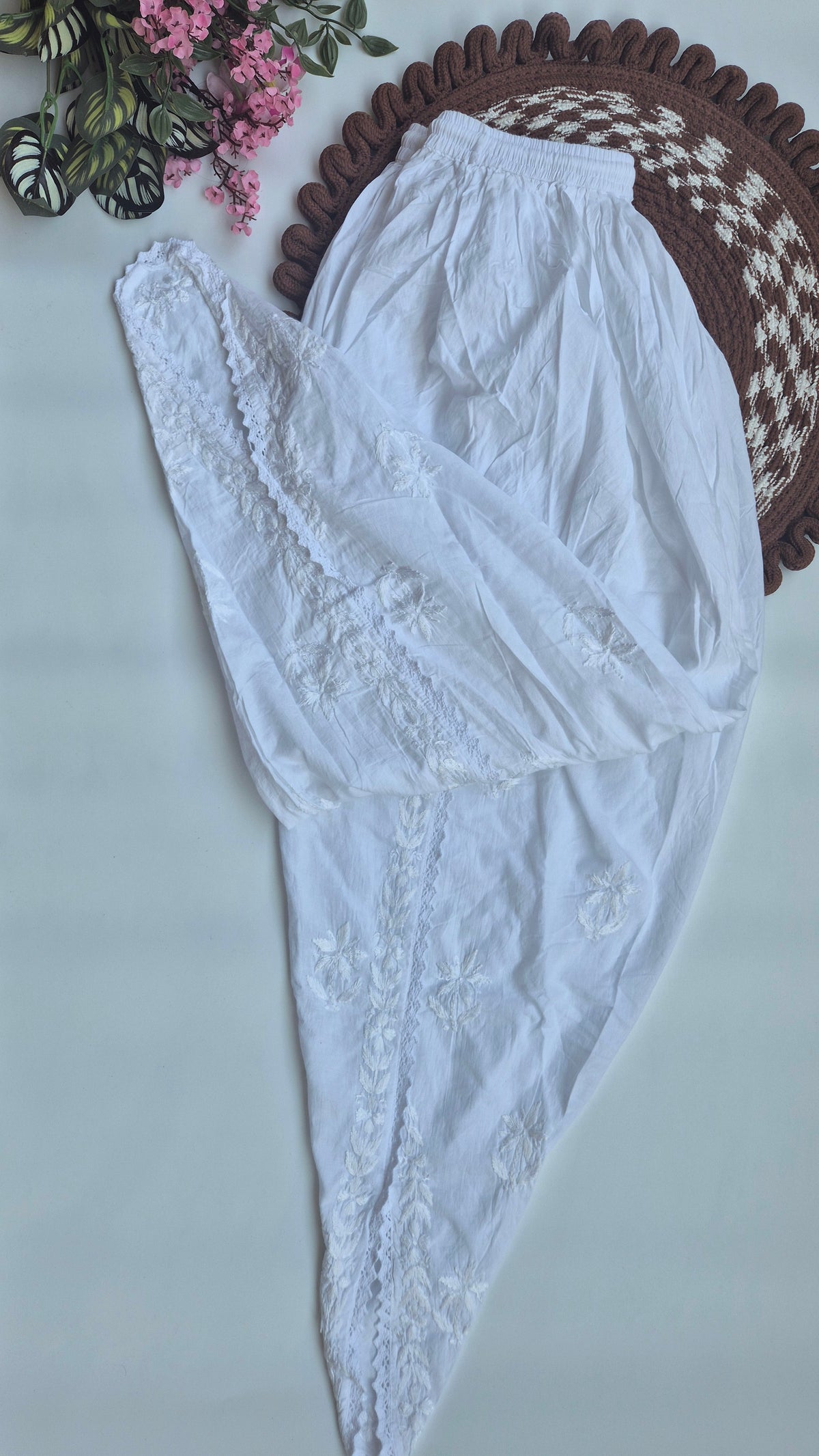 Handmade cotton Chikankari kurta in Dhoti style by LVW Fashions, featuring intricate Lucknow Chikankari embroidery.