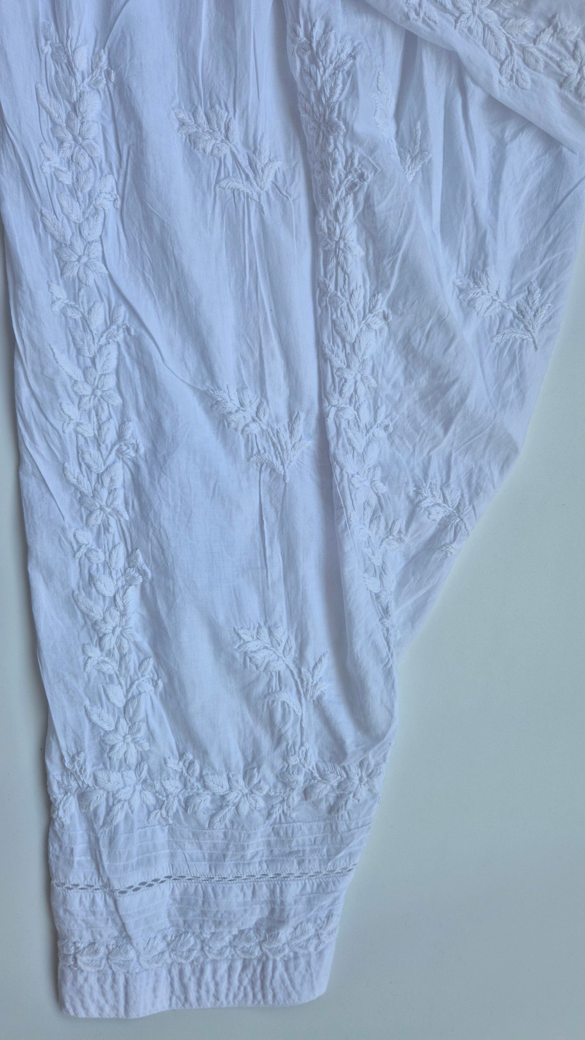 Premium cotton Chikankari shalwar from LVW Fashions, showcasing intricate handmade Lucknow-style embroidery and traditional craftsmanship.