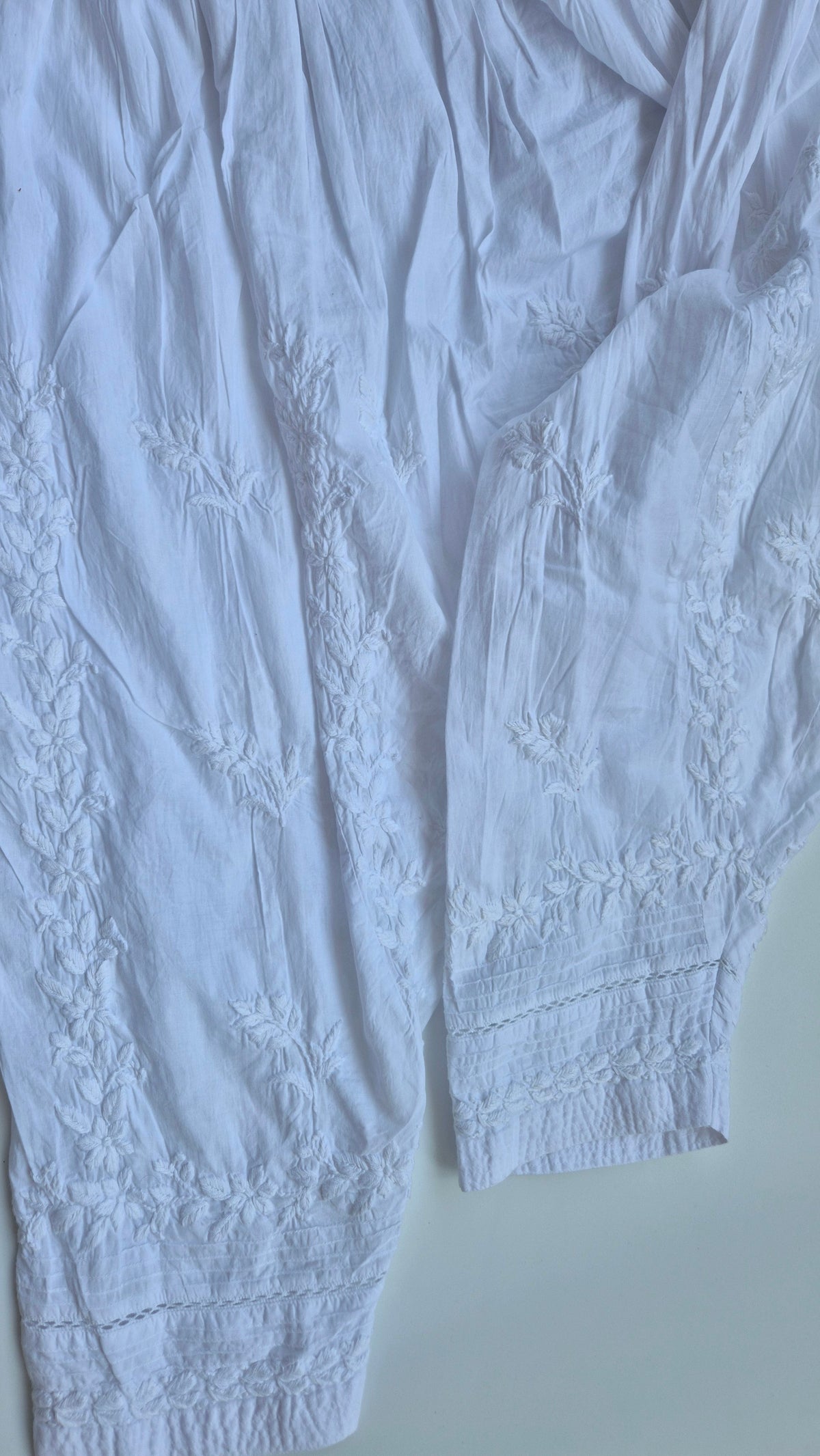Handmade premium cotton Chikankari shalwar from LVW Fashions, featuring intricate Lucknow Chikankari embroidery.