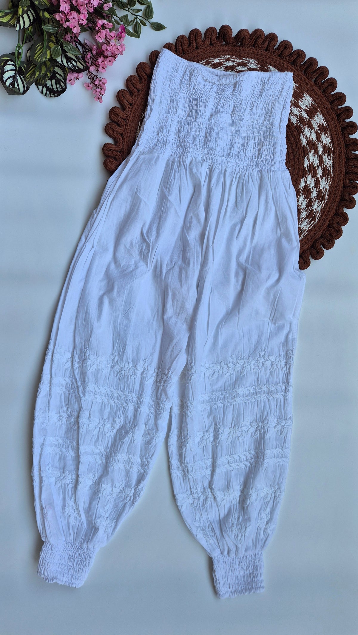 Premium cotton Chikankari bottom with elastic waistband, handmade by LVW Fashions, featuring intricate Lucknow embroidery.