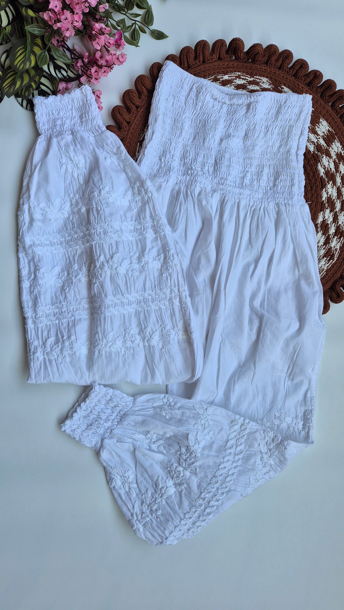 Premium cotton Chikankari bottom with elastic waist from LVW Fashions, handmade in Lucknow, featuring intricate embroidery.