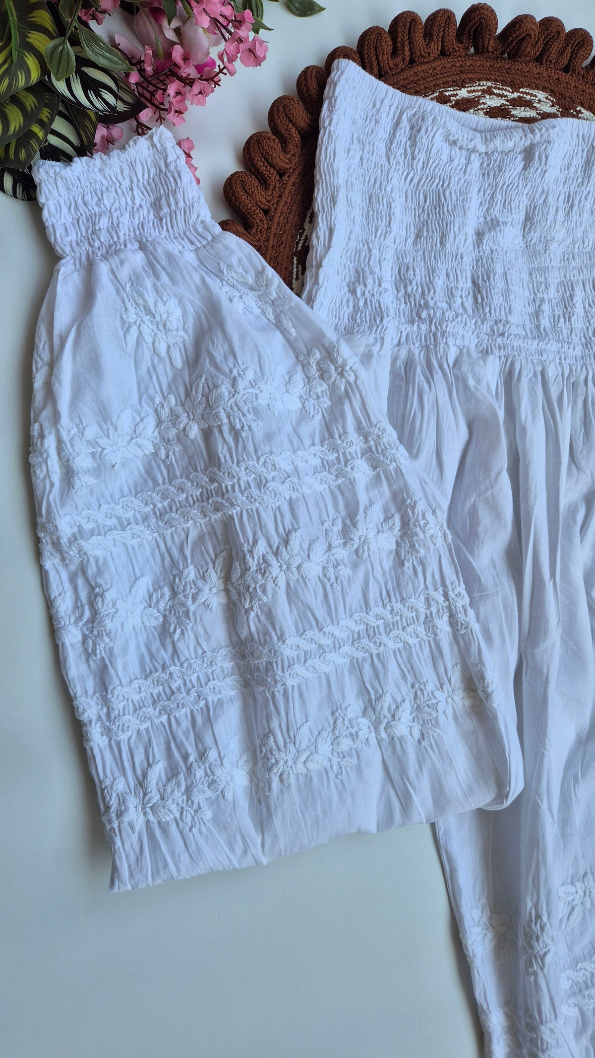 Premium cotton Chikankari bottom with elastic waist from LVW Fashions, featuring traditional Lucknow hand embroidery.