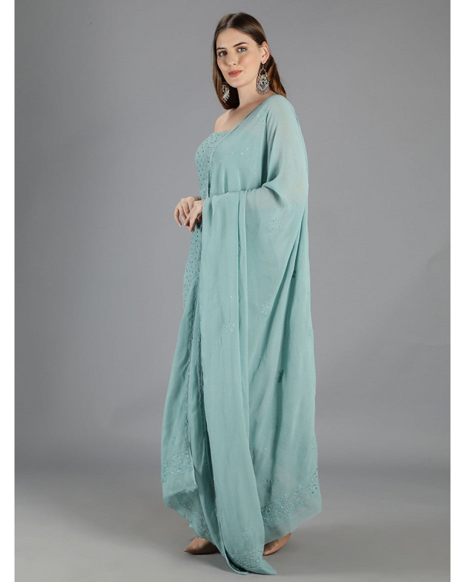 Noori grayish premium georgette Chikankari kurta and dupatta set by LVW Fashions, handmade Lucknow Chikankari unstitched ensemble.