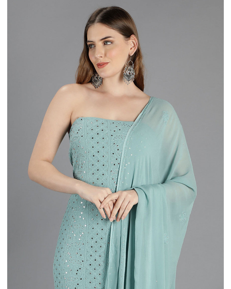 Noori Grayish premium georgette Chikankari unstitched kurta and dupatta set by LVW Fashions, featuring intricate Lucknow Chikankari embroidery.