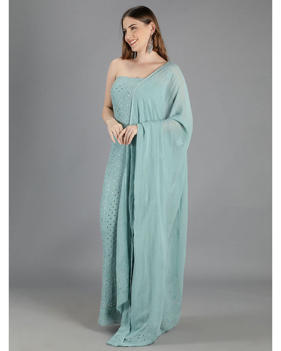 Noori grayish premium georgette Chikankari unstitched kurta and dupatta set by LVW Fashions, showcasing intricate handmade Lucknow Chikankari.