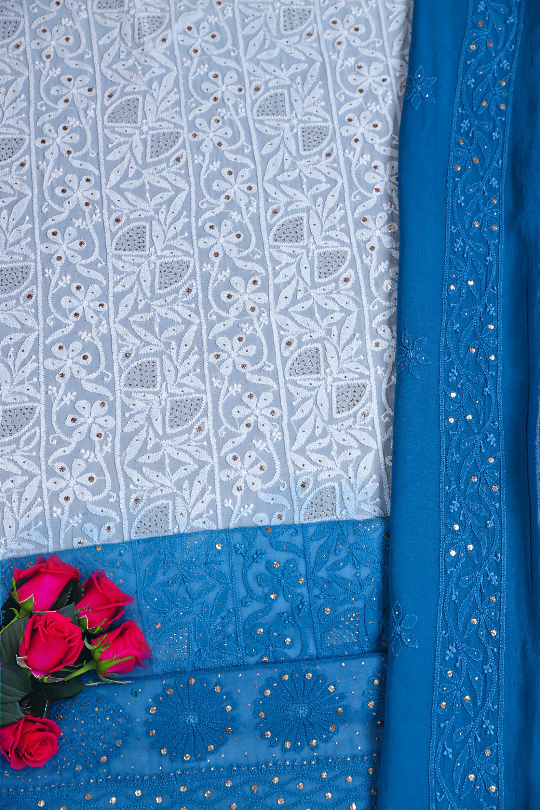 Noori Ombre Premium Georgette Chikankari Unstitched Suit with matching dupatta, handmade Lucknow Chikankari kurta by LVW Fashions.