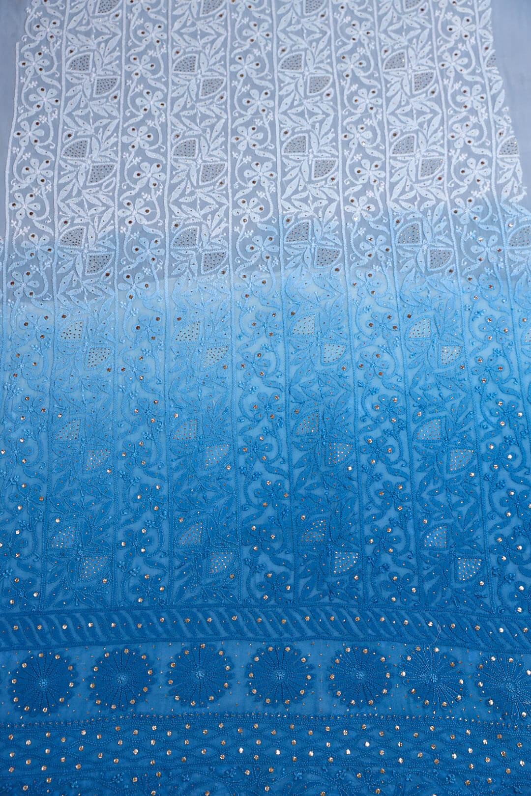 Noori Ombre Premium Georgette Chikankari Unstitched Suit with Kurta and Dupatta from LVW Fashions, featuring intricate Lucknow chikankari embroidery.