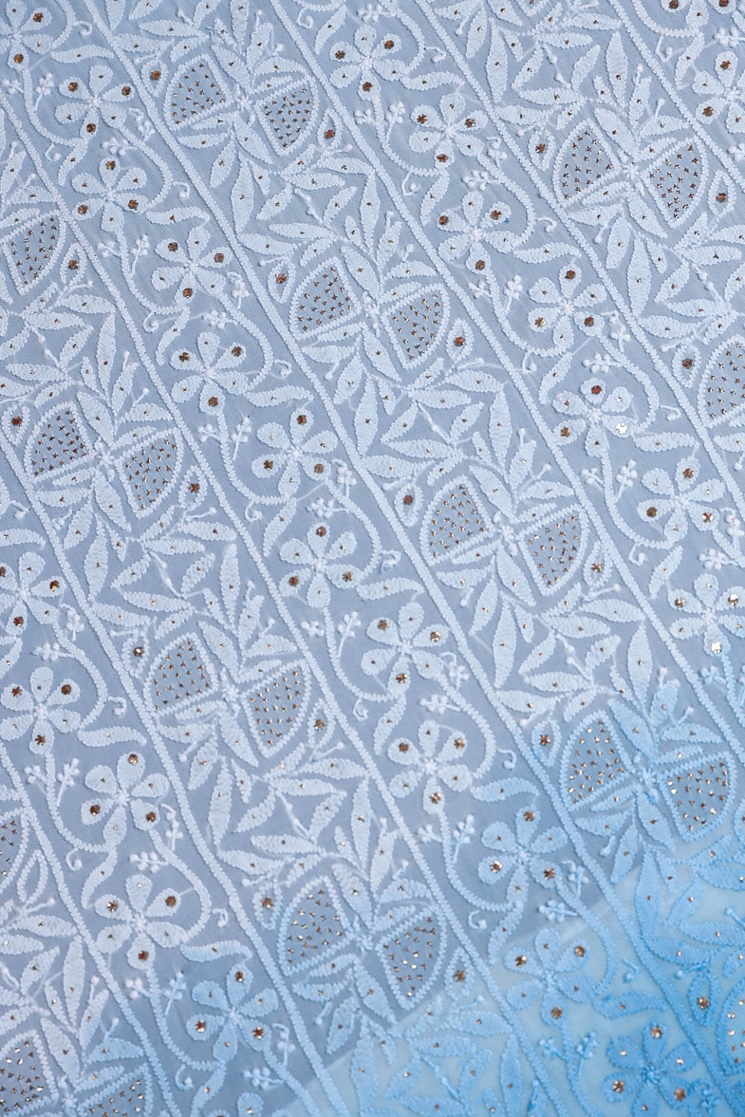 Noori Ombre Premium Georgette Chikankari unstitched suit with kurta and dupatta, handcrafted by LVW Fashions in Lucknow Chikankari style.