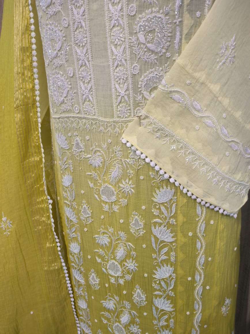Noori Pearl Cutdana Chikankari Ombre Unstitched Kurta with Dupatta by LVW Fashions, showcasing intricate handmade Lucknow chikankari.