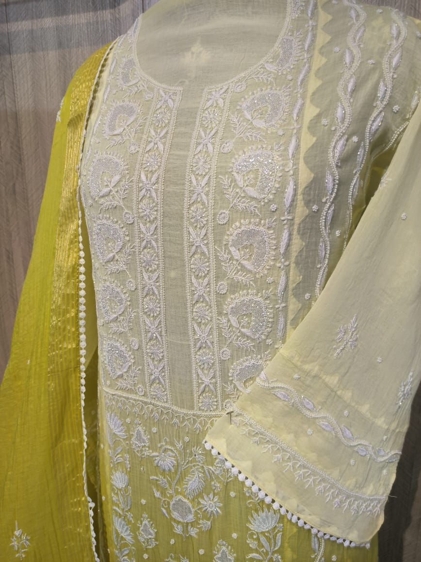 Noori pearl cutdana chikankari unstitched kurta with ombre dupatta, handmade Lucknow chikankari by LVW Fashions.