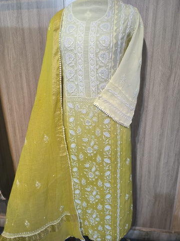 Noori pearl cutdana chikankari ombre unstitched kurta with matching dupatta, handcrafted by LVW Fashions, featuring traditional Lucknow chikankari.