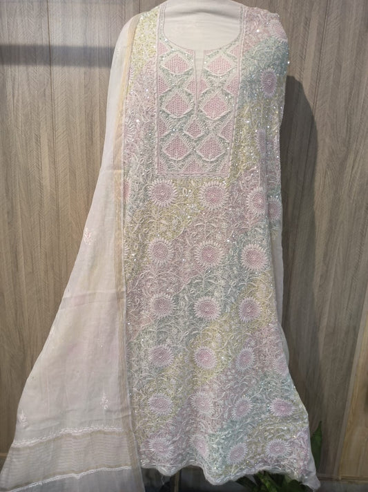 Noori Pearl Cutdana & Chikankari unstitched premium georgette kurta and dupatta set with handmade Lucknow Chikankari by LVW Fashions.