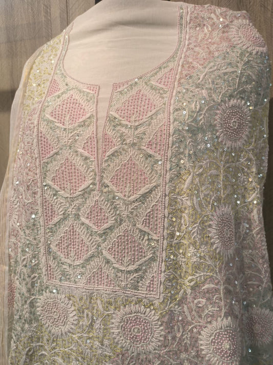 Noori Pearl Cutdana & Chikankari unstitched premium georgette kurta and dupatta set by LVW Fashions with handmade Lucknow chikankari.