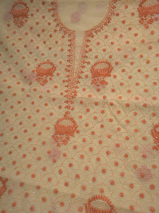 Premium cotton kota kurta piece with dupatta, pearl and katdaana embroidery, handmade Lucknow chikankari by LVW Fashions.