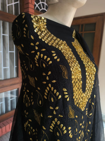 Premium Georgette Chikankari and Gota Patti unstitched suit with plain bottom, handmade Lucknow Chikankari by LVW Fashions.