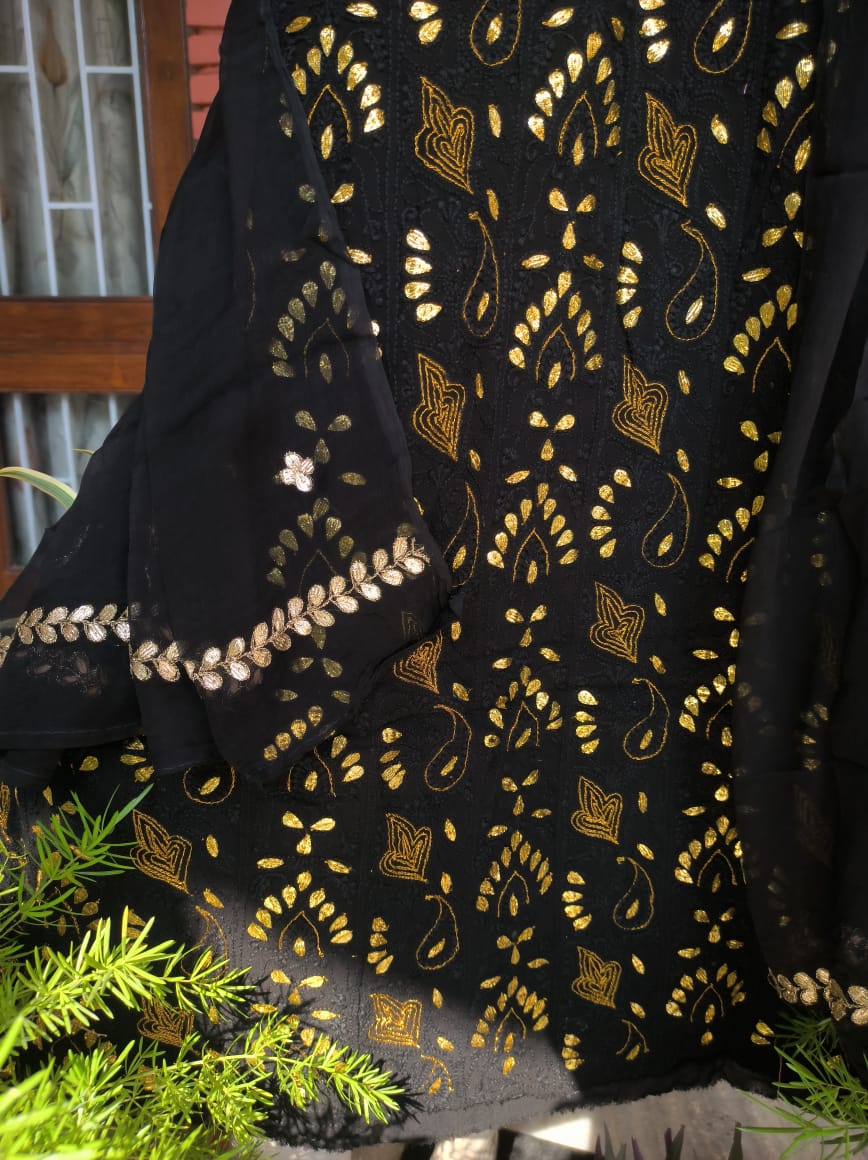 Premium georgette Chikankari and Gota patti unstiched suit with plain bottom piece from LVW Fashions, handmade in Lucknow.