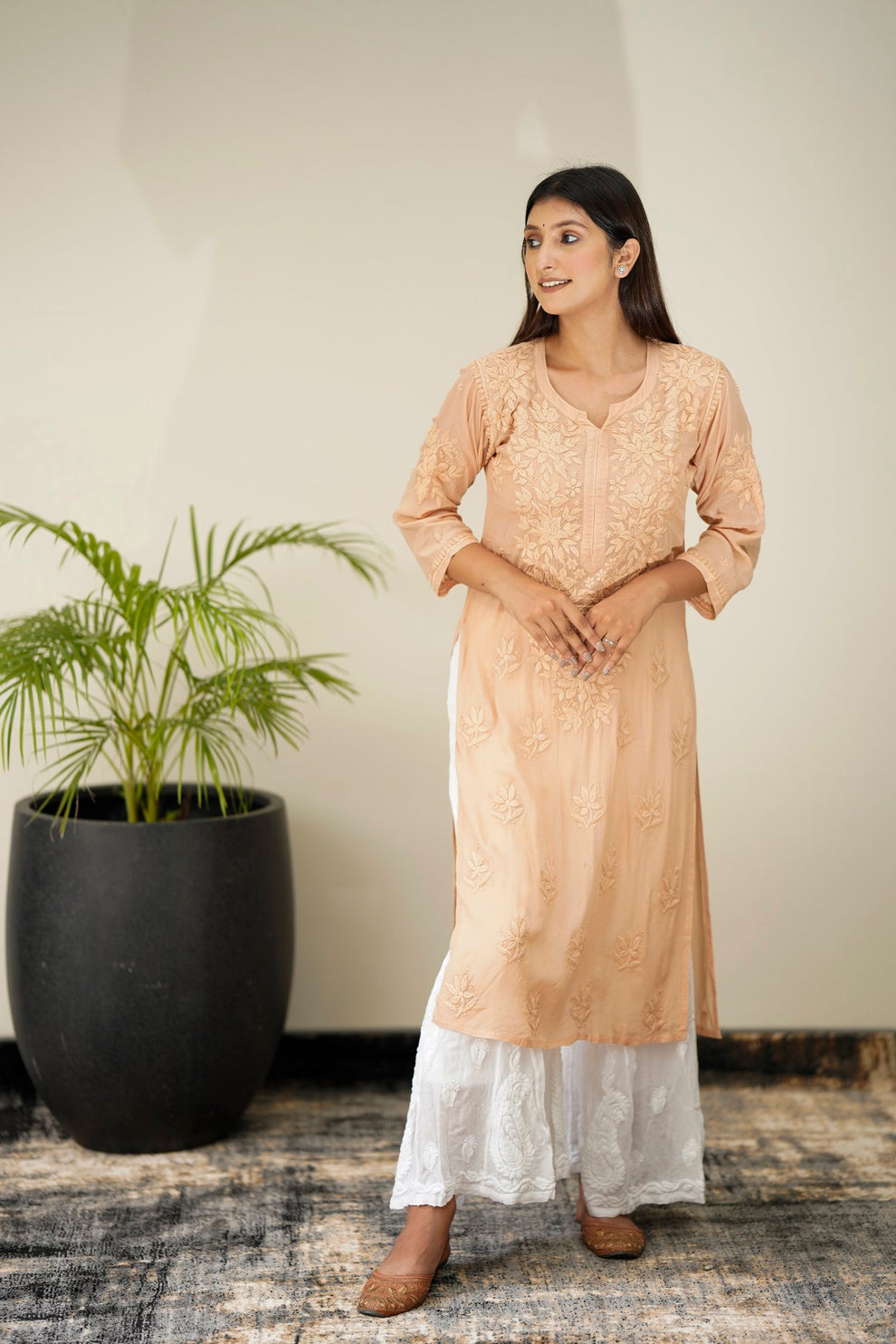 Premium georgette chikankari palazzos with attached lining, handmade by LVW Fashions, featuring intricate Lucknow chikankari embroidery.