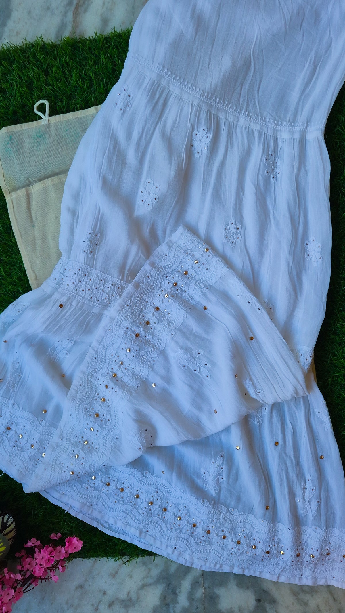 Luxury georgette Chikankari and Mukaish embroidery gharara with attached lining, handmade by LVW Fashions, from Lucknow Chikankari collection.
