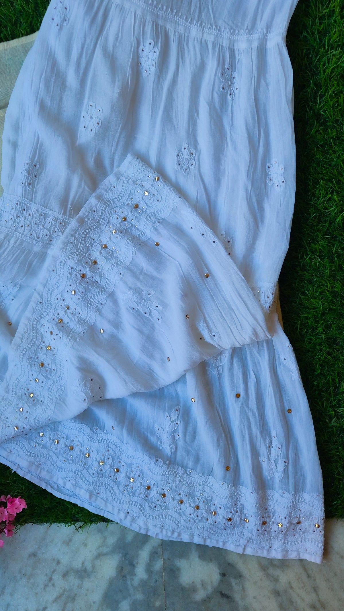 Handmade premium Georgette Chikankari kurta with Mukaish embroidery and attached Gharara from LVW Fashions, showcasing Lucknow craftsmanship.