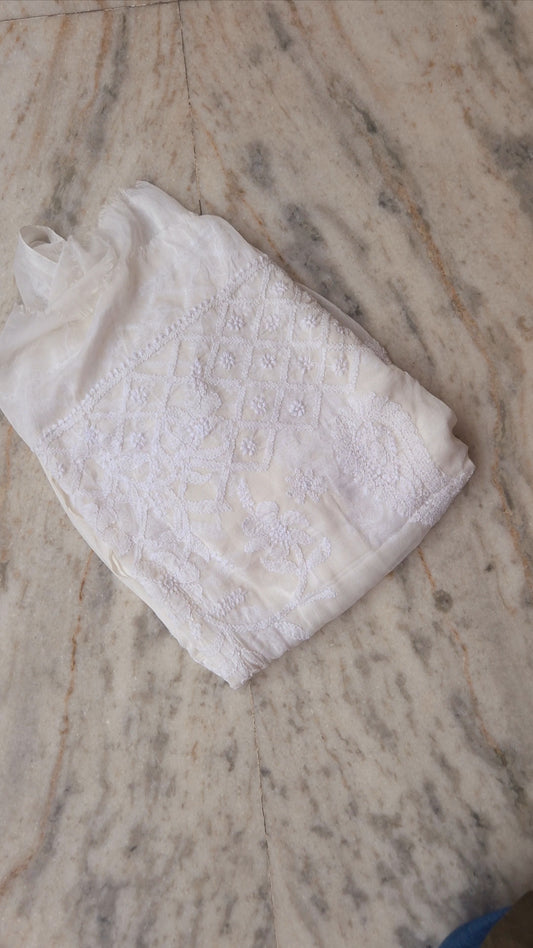 Pure chiffon dupatta with handcrafted Chikankari embroidery from LVW Fashions, dyeable and traditionally designed in Lucknow style.