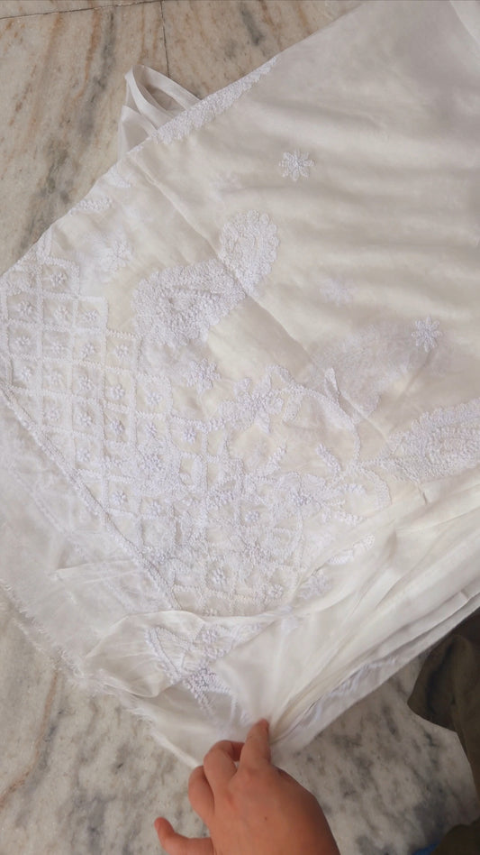 Pure chiffon dupatta with intricate handcrafted Chikankari embroidery, dyeable for customization, by LVW Fashions.