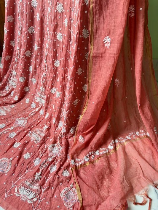 Handcrafted Pure Mul Mul Chanderi Anarkali kurta with intricate Lucknow Chikankari and pearl embellishments by LVW Fashions.