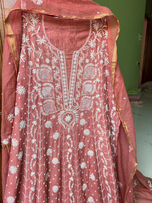 Pure Mul Mul Chanderi handcrafted Chikankari Anarkali kurta with pearls, unstitched, from LVW Fashions featuring traditional Lucknow Chikankari.
