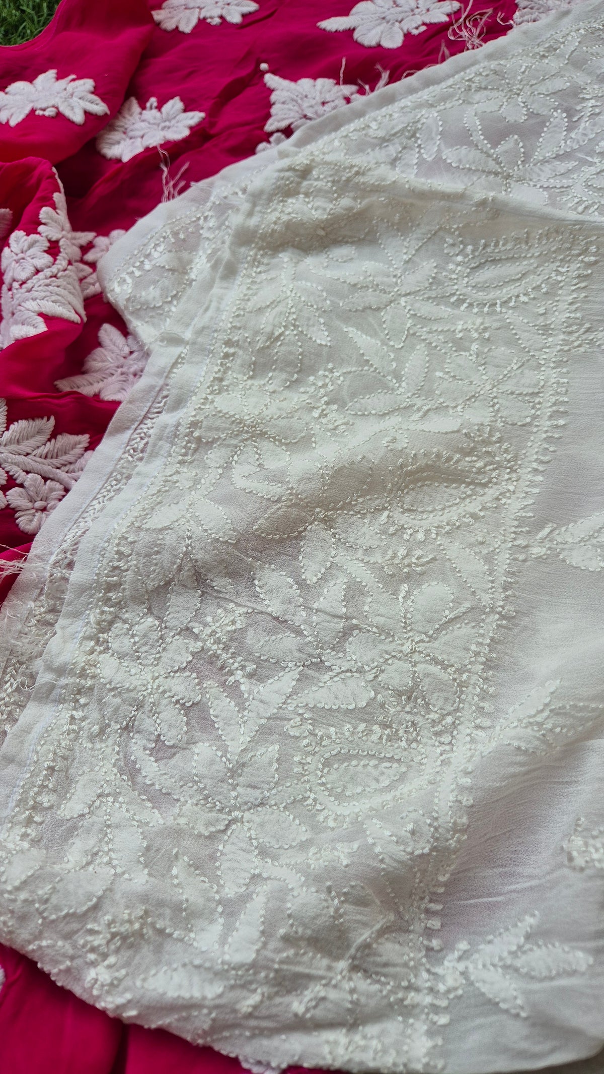 Resham embroidery premium georgette palazzos with inner attached, handmade by LVW Fashions, featuring dyeable fabric and intricate chikankari details.